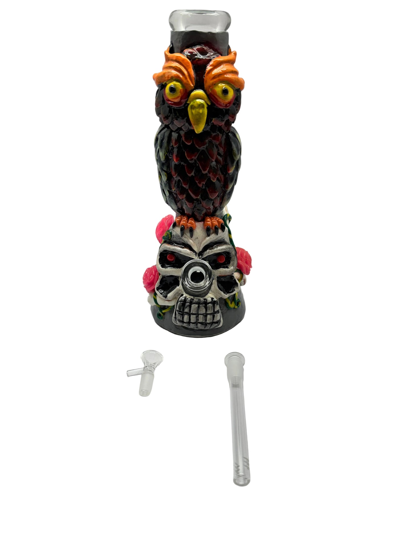 Dragon Glass Heavy Water Pipe Glow In The Dark With Design Owl On Rose Skull