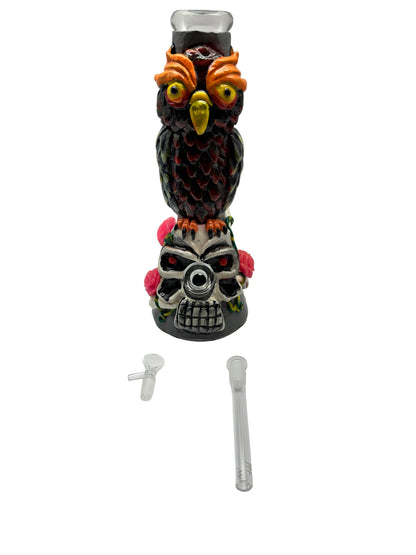 Dragon Glass Heavy Water Pipe Glow In The Dark With Design Owl On Rose Skull
