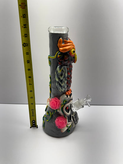 Dragon Glass Heavy Water Pipe Glow In The Dark With Design Owl On Rose Skull