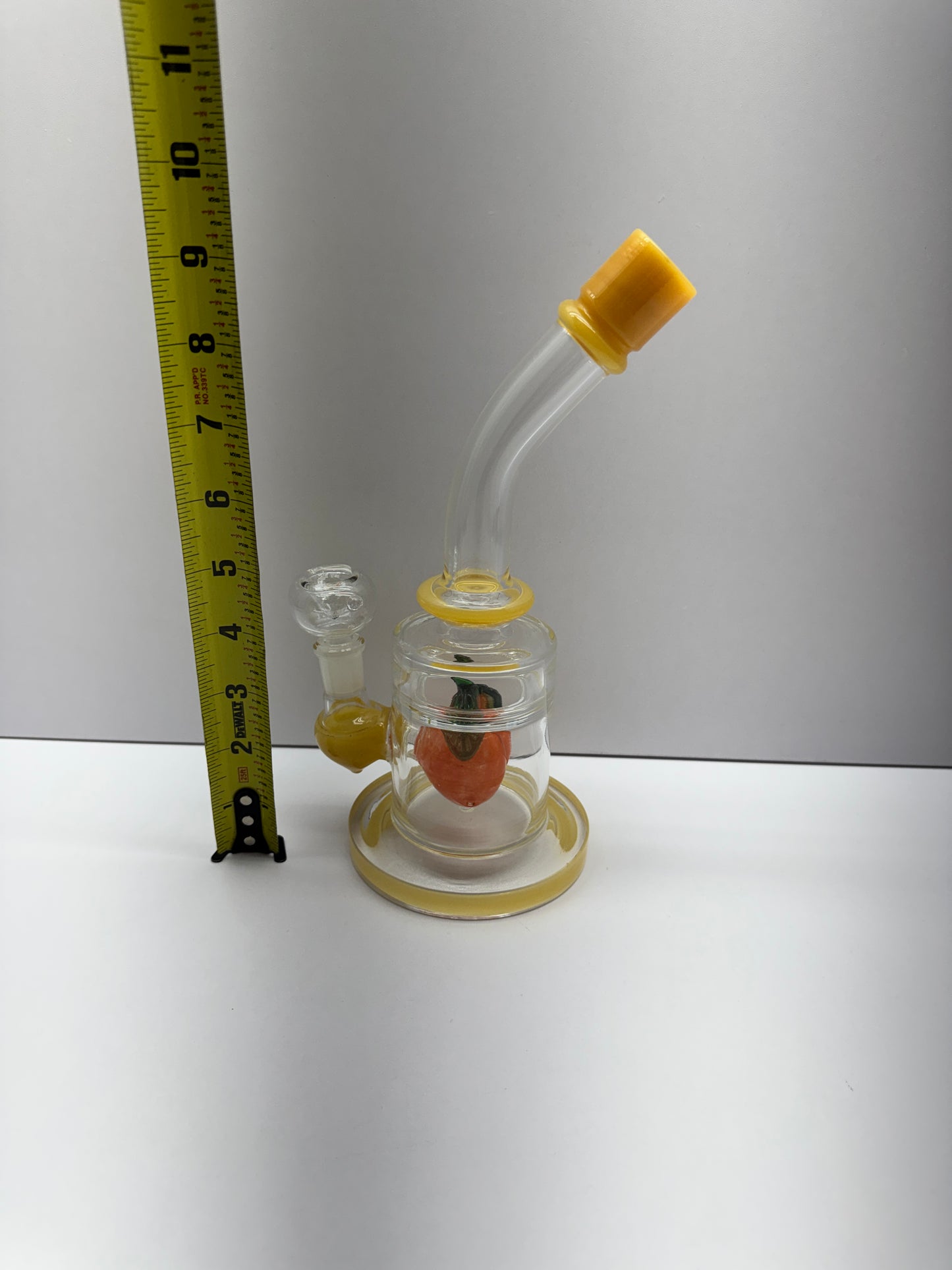 Glass Water Pipe Bent Neck With Color Rim Apricot Perc & Thick Base - 454 Grams - 9.5 Inches